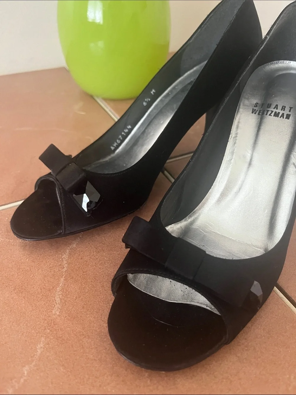 Stuart Weitzman Black Peep-Toe Heels with Bow Accent